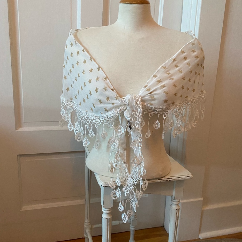 3 for $15! Light triangle scarf with Gold star motif. Crocheted lace details.